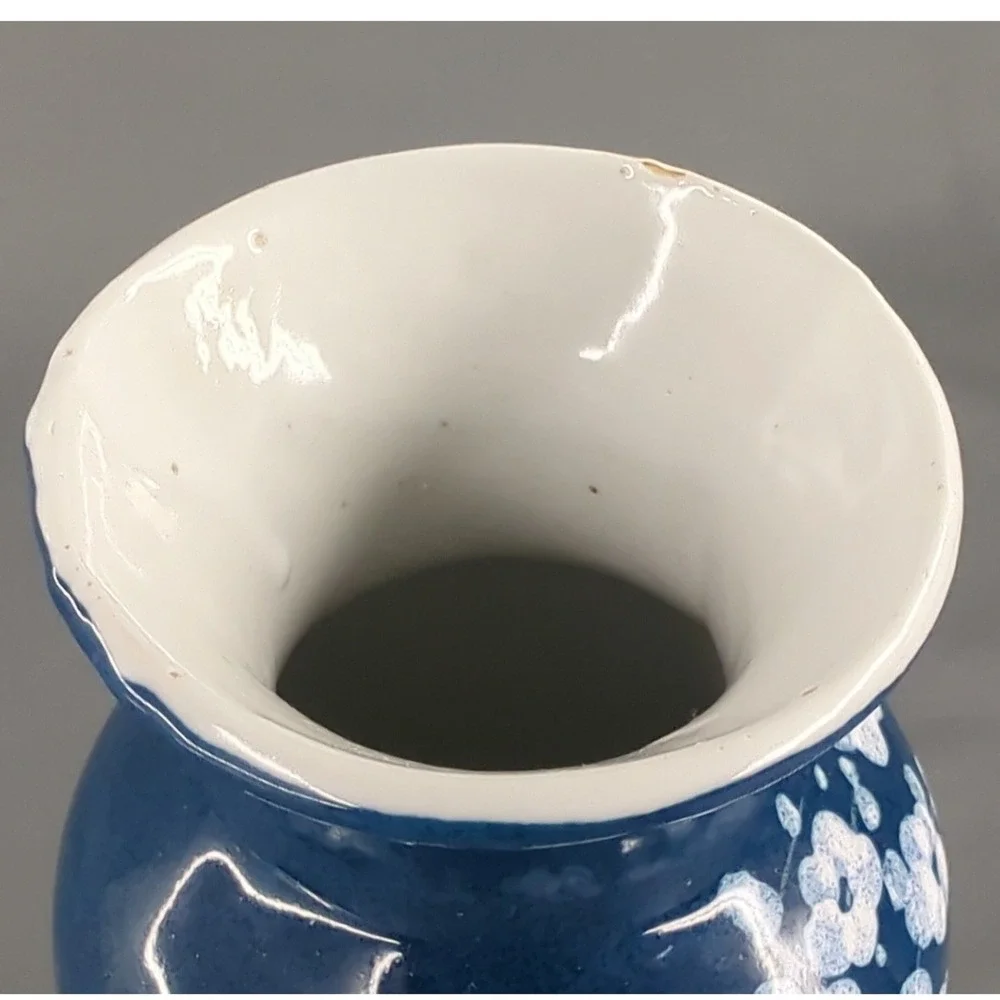 Blue Ceramic Floral Bud Vase White Cherry Blossom 8 Inch Pottery Decor